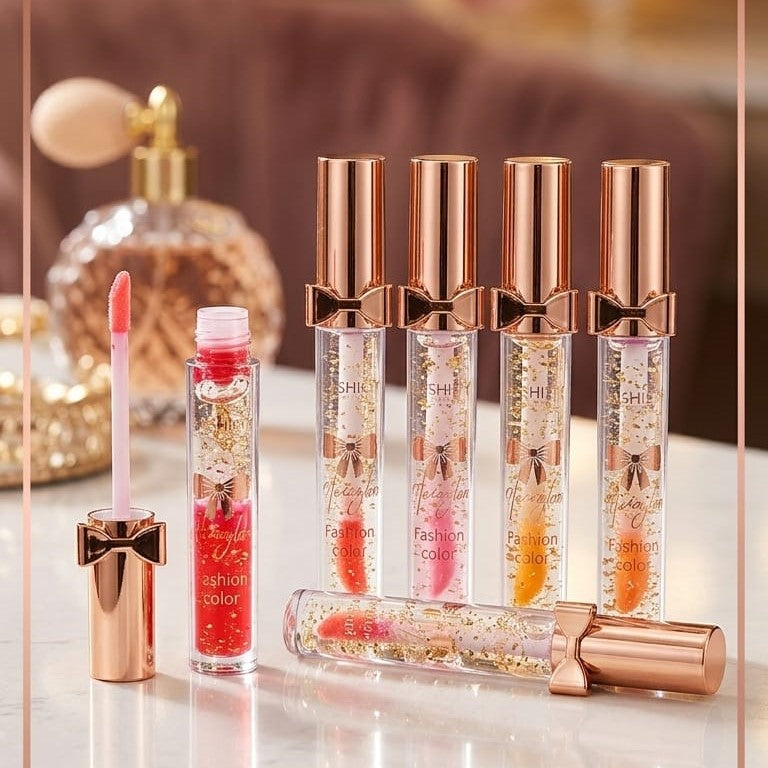 Luxury Pink Glossy Lip Oil With Gold Flakes High Shine Moisturizing Formula