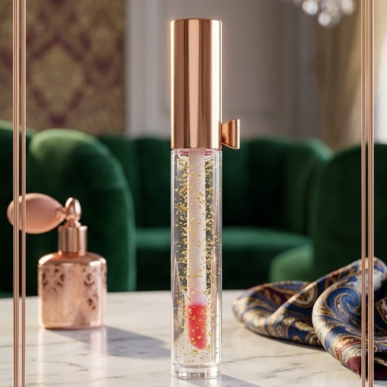 Luxury Pink Glossy Lip Oil With Gold Flakes High Shine Moisturizing Formula