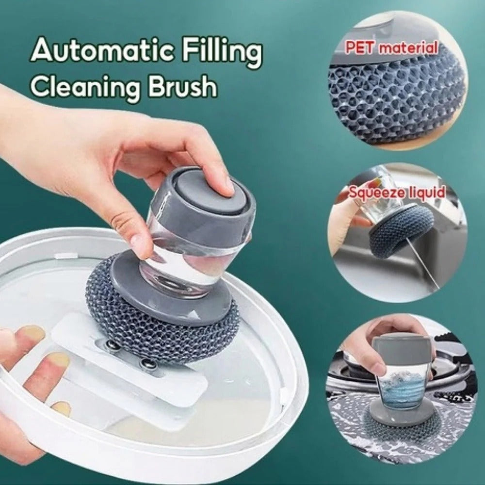 Kitchen Soap Dispensing Palm Brush – Automatic Filling Dish Scrubber with PET Bristles – Non-Scratch Cleaning Brush for Pots, Pans, and Sinks