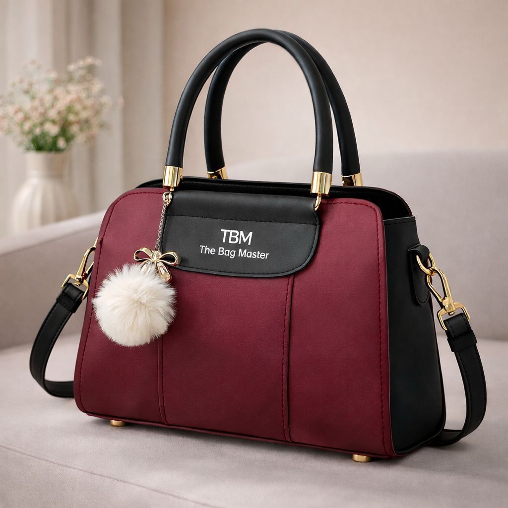 TBM The Bag Master Luxury Handbag – Elegant Two-Tone Designer Tote for Women (Black Maroon)