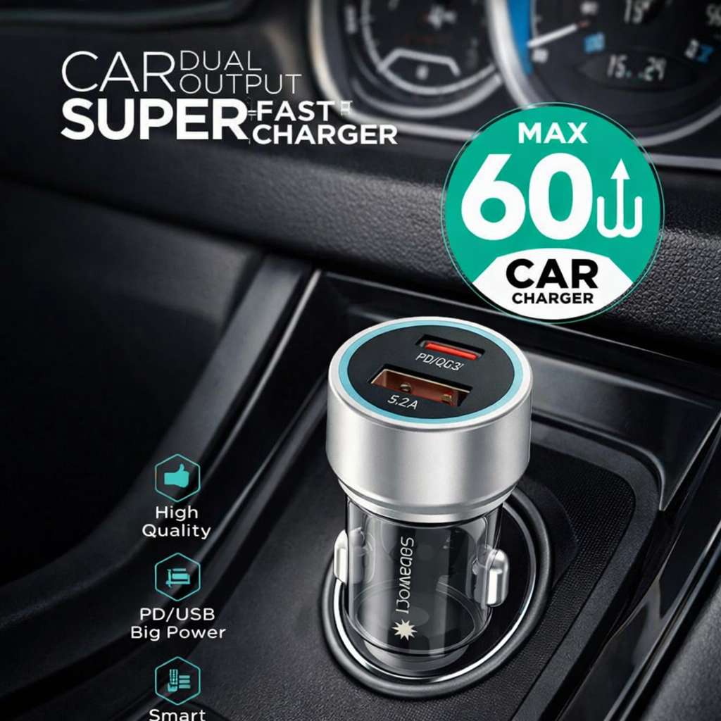 abawoon S134 60W Original Car Charger Adapter – PD + USB Dual Port Fast Charging for All Mobile Phones