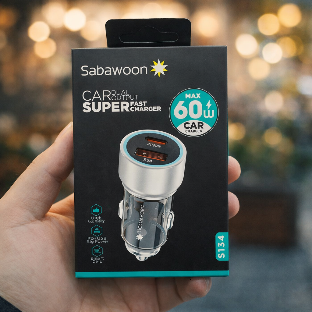 abawoon S134 60W Original Car Charger Adapter – PD + USB Dual Port Fast Charging for All Mobile Phones