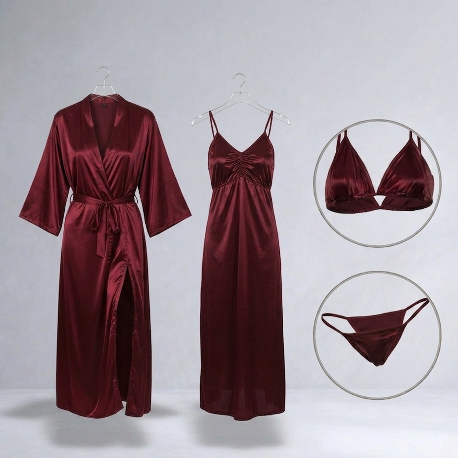 Burgundy Silk Satin 4-Piece Lingerie & Nightwear Set for Women – Luxury Soft Satin Sleepwear, Free Size Sku R005B (black)
