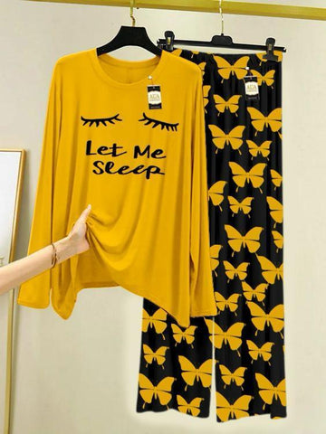 Women Printed Night Suit Yellow Butterfly Pattern