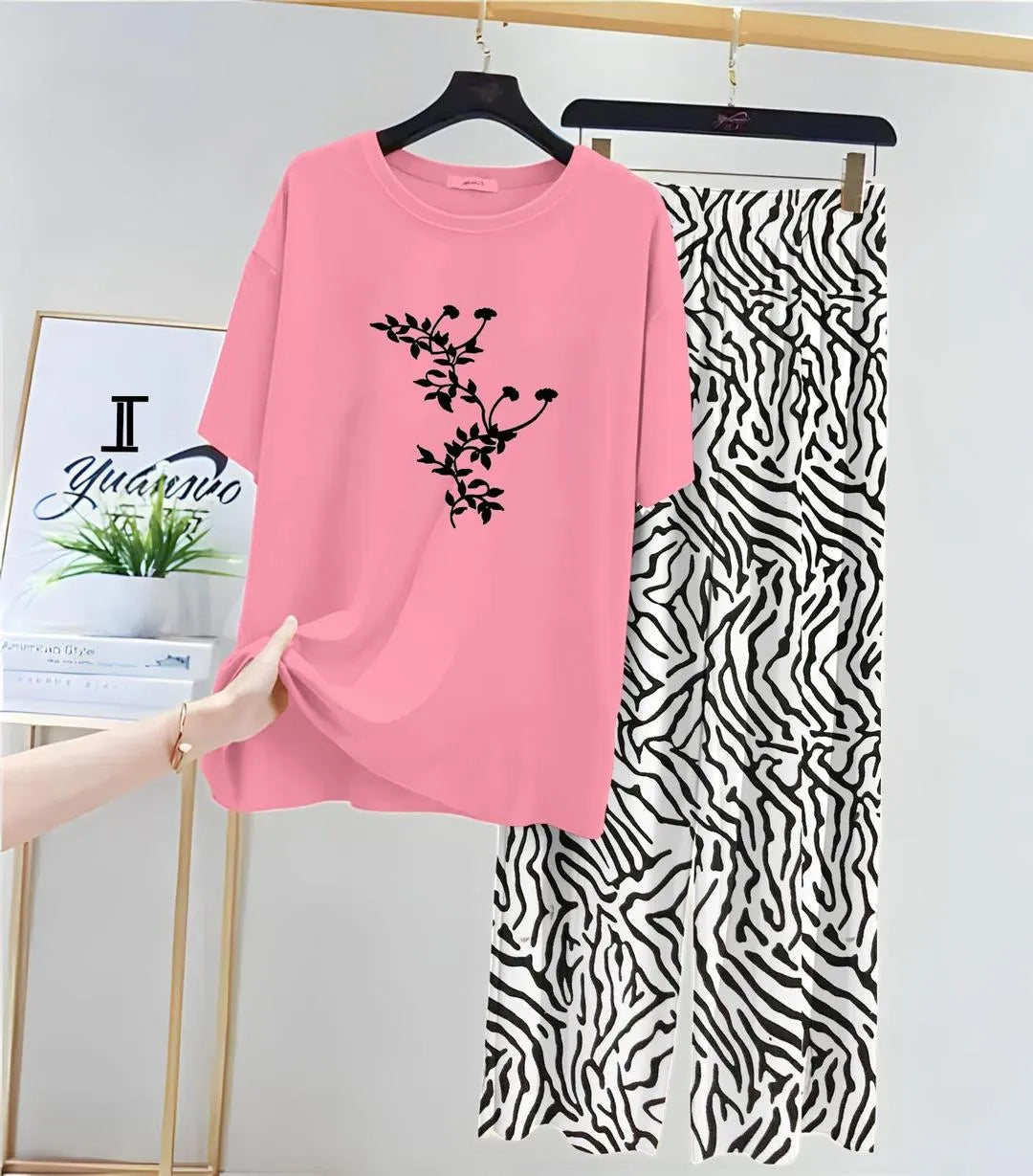 Women's Pink Floral Print Top and Zebra Pattern Trousers Night Suit Set