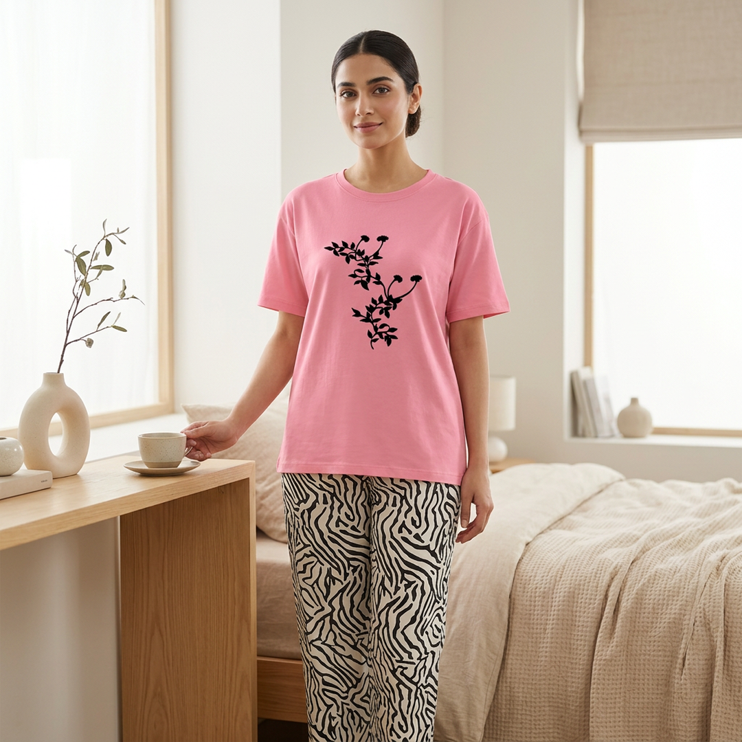 Women's Pink Floral Print Top and Zebra Pattern Trousers Night Suit Set