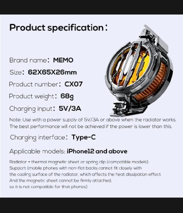 MEMO CX07 Magnetic Mobile Phone Cooling Fan 15W RGB Gaming Cooler for Android & iPhone | Silent Semiconductor Cooling Radiator for PUBG, Free Fire & COD Mobile