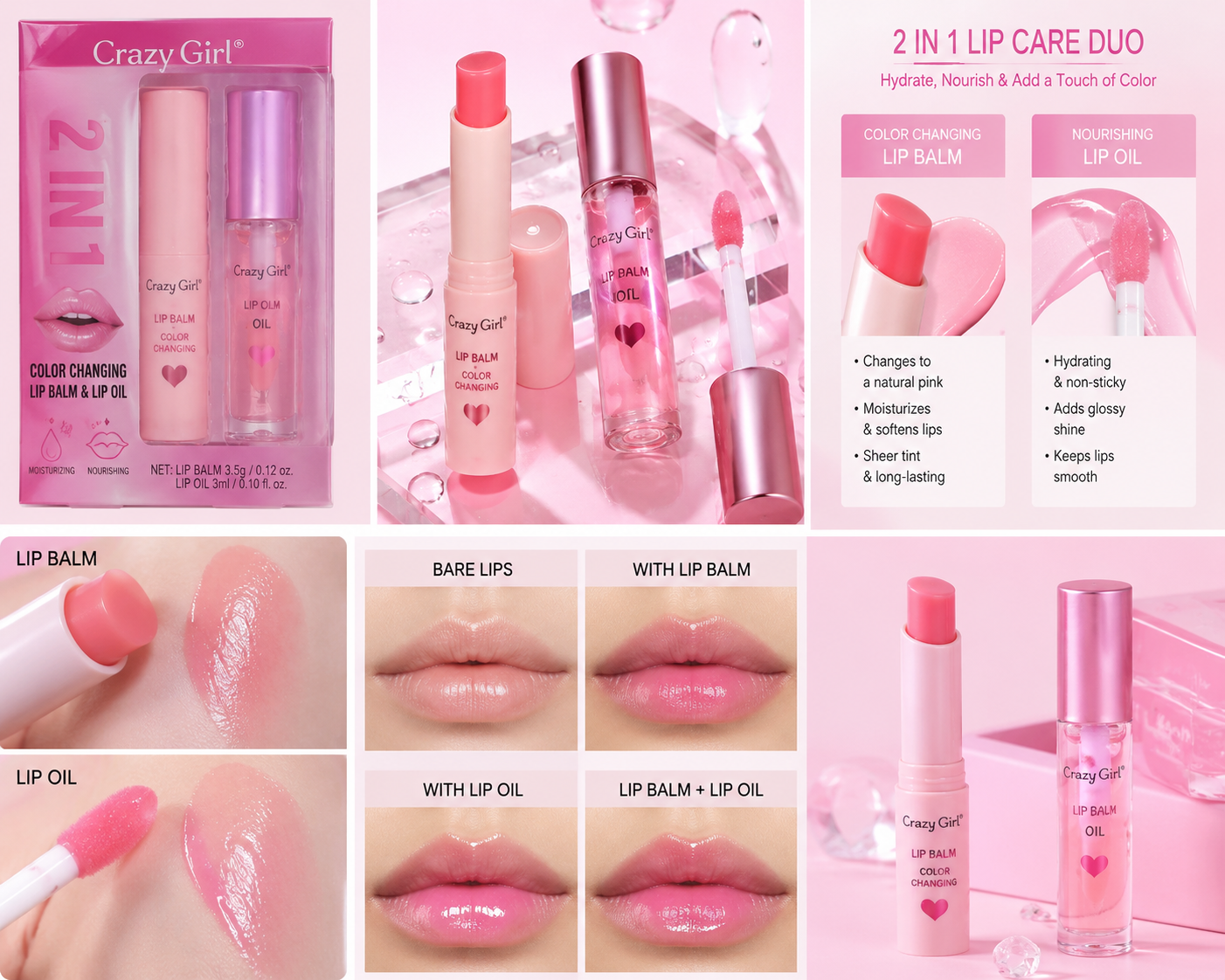 Crazy Girl 2 In 1 Color Changing Lip Balm & Lip Oil Set, Moisturizing Pink Lip Care Duo with Hydrating Gloss Finish, Long-Lasting Nourishing Lip Treatment for Soft, Smooth and Naturally Tinted Lips