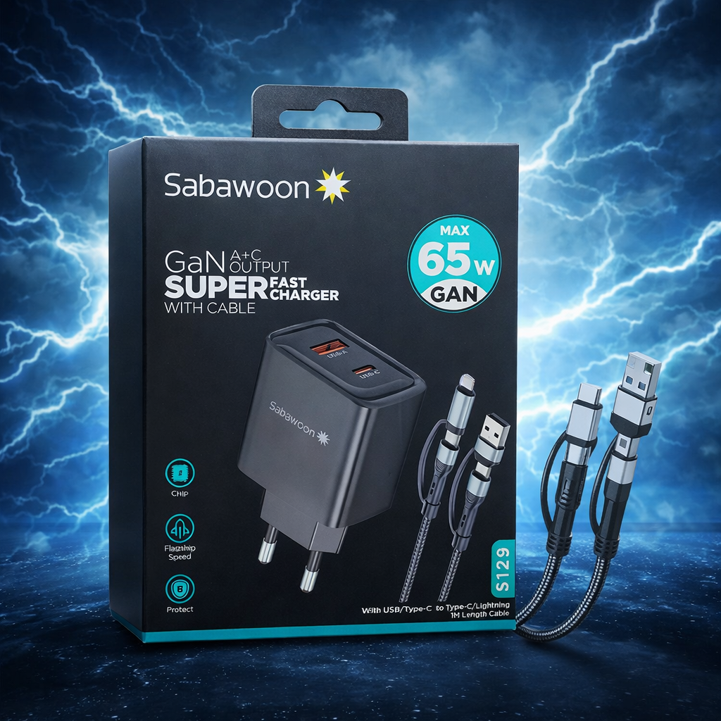 Sabawoon 65W GaN A+C Super Fast Charger with Cable this charger delivers safe stable and powerful charging with Cable